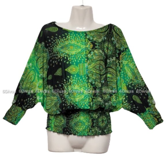 Comfy Paisley Blouse Green and Black Dolman Sleeves Blouse Top - Picture 1 of 5